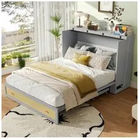 Merax Schrankbett 140x200cm mit USB- & Steckdosenanschluss (ohne Matratze, 1-St., mobil & platzsparend) umbaubares Plattformbett Wandklappbett mit Schublade,Regal am Kopfende