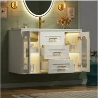 Flieks Waschtisch mit Led-Beleuchtung Waschbeckenunterschrank inkl. Waschbecken (B76/T46/H55 cm, 1-St., wandhängender Badschrank mit verstellbarer Einlegeböden), Badmöbel-Set mit 2 Schubladen und Glastüren Badezimmerschrank Weiß