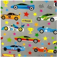Star Geschenkpapier, Geschenkpapier mit Auto Sport Motiv 70cm x 2m Rolle silber / bunt