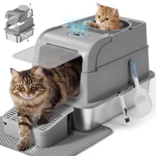 FEANDREA Katzenklo Edelstahl, geschlossen Katzentoilette, 2 Eingänge dunkelgrau