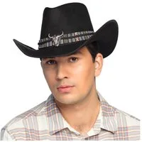 Boland Cowboyhut Cowboyhut Django schwarz Western-Hut mit Stier-Emblem für Herren Bringt authentisches Wildwest-Feeling auf jedes Event