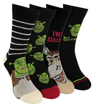 4er-Pack Herren Socken Shrek | Atmungsaktive lustige Neuheit Socken Esel, Dreamworks Socken | Shrek Geschenke - Shrek / Esel