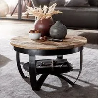 FINEBUY Couchtisch FB63625 60 cm Wohnzimmertisch Holz Massiv Tisch Wohnzimmer (60x34x60 cm Mango Massivholz Metall Schwarz Rund), Sofatisch mit Stauraum, Wohnzimmertisch Industrial