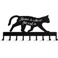 NOGGI - Home Decor Masters Schlüsselleiste Schlüsselhaken mit Motiv, (Schlüsselbrett HOME IS WHERE THE CAT IS I Schlüsselablage mit 9 Haken I Schlüsselhalter für die Wand, Wandbefestigung im Set enthalten), Made in EU