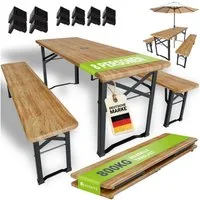 Juskys Bierzeltgarnitur Bichl, (Set, 3-tlg., Bierzeltgarnitur), Wetter & UV-beständig, klappbar, lackiertes Tannenholz, Bodenschoner