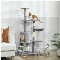 PawHut Kratzbaum Katzenbaum mit Höhle, Sisalstämme, große Plattform, Kratzbaum, für Katzen bis 5 kg, Grau