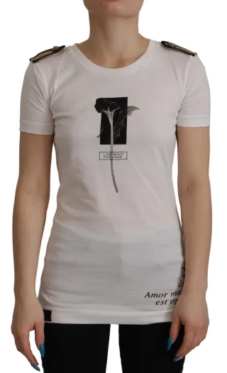 Dolce & Gabbana Weiße Schwarze Rosen Rundhals Baumwoll Damen T-Shirt