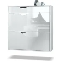 Vladon Schuhschrank Kolmio (Schuhkipper, für 16 Paar Schuhe mit 2 Klappen und Schublade) Weiß matt/Weiß Hochglanz (85 x 87 x 33 cm)