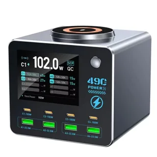 [GaN Tech] WLX-F1 140W 8-Port USB PD Charger with Smart Digital Display 4USB-A+4USB-C+Wireless Charger Pad Support PD QC
