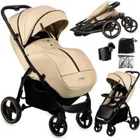 MoMi Kinder-Buggy MIYA EVA Buggy mit Einhand-Faltung, XL-Räder, Zubehör, Beige, Einhand-Faltmechanismus, doppelte Faltsicherung, 4-Rad-Federung