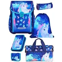 Familando Schulranzen Unicorn Einhorn Schultasche, Pferde, blau, rosa, ab 1. Klasse (Set, 6-tlg., inkl. Federmäppchen und Sporttasche), mit Brustgurt, 1.000 Gramm leicht, 20L Volumen