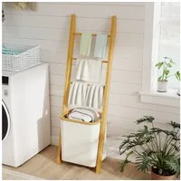 HOMCOM Badregal mit 3 Stangen abnehmbarer 48L-Wäschekorb, 2-in-1 Badezimmerregal 1-tlg., aus Bambus für Wohnzimmer, Badezimmer, Cremeweiß, 43 x 35 x 133 cm