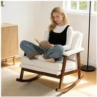 KLAM HOME Schaukelstuhl Mid-Century Schaukelstuhl mit Holzgestell und edlem Samtbezug (Komfortabler gepolsterter Lesesessel für Wohn- und Schlafzimmer), Stilvoller weißer Schaukelstuhl, perfekt zum Entspannen und Lesen