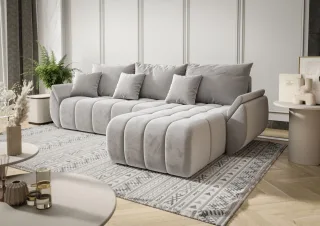 Ecksofa Schlafsofa LOUISE Stoff Monolith Hellgrau Ottomane Rechts
