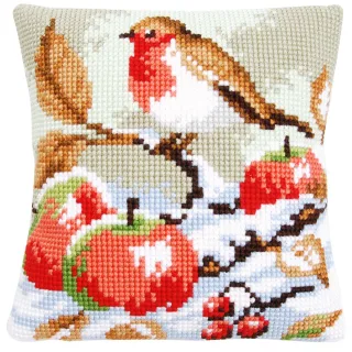 Kreuzstichkissen "Rotkehlchen & Apfel"