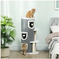 PawHut Kratztonne mit Höhle, Spielball, Plüschrand, Sisal-Kratzbäumen, oberem Bett, (mehrstöckig Kratzbaum, 1-tlg., 101 cm hoch Katzentonne), für Katze bis 6 kg, Grau