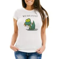 MoonWorks Print-Shirt Damen T-Shirt Fun Motiv kleiner Dino frisst Einhorn Spruch "Wie das Letzte?" Fun-Shirt lustig Moonworks® mit Print