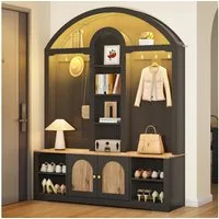 Merax Garderoben-Set Garderobenschrank mit LED-Beleuchtung und geschwungenem Design, (Flur- & Kleiderschrank im skandinavischen Weiß/Schwarz-Holz-Look, 1-St., 150 L x40 B x 195 H(cm), Möbelset mit Mittelablagen, Doppeltüren, Schuhregal & Metallhaken