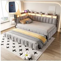 Merax Daybett 90x200cm Schlafsofa mit LED-Beleuchtung & USB-Anschluss (Sofabett Jugendbett Kinderbett, 1 tlg), Polsterbett Samtstoff Tagesbett mit Ausziehbett Stauraum Ablagefächern