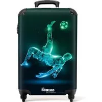 NoBoringSuitcases.com© Kinderkoffer Silhouette eines Fußballspielers in Grün und Blau 55x35x20cm, 4 Rollen, Handgepäck Koffer, Hartschalenkoffer Kinder, Reisekoffer Jungen