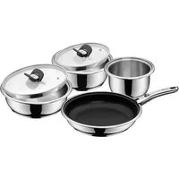 WMF Topf-Set Click&Serve Kochgeschirr Set, 7-teilig, Cromargan Edelstahl rostfrei 18/10 (2x Stielkasserolle ohne Griff 16 cm, 20 cm, 1x Sauteuse ohne Griff 24 cm, 1x Bratpfanne 28 cm beschichet ohne Griff, 2x Glasdeckel 20 + 24 cm, 1x abnehmbarer Gri