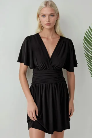 V-Ausschnitt Kurzarm Mini-Kleid