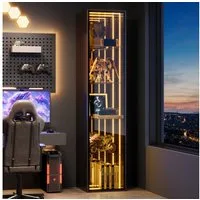 Flieks Glasvitrine mit LED-Lichtleiste, 4 verstellbaren Glaseinlegeböden & Spiegelwand (30x30x160 cm, Glastür mit Soft-Close-Funktion, 1-St., Eckvitrine mit verspiegelter Rückwand & 5 Ebenen) Hochschrank Standvitrine Eckschrank Mehrzweckschrank mit 3