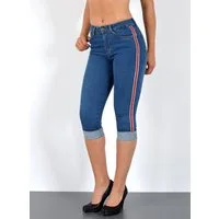 ESRA Caprijeans 3/4 Jeans Hose Capri Jeans mit Seitenstreifen Caprihose Damen Sommer High Waist Capri Jeans Damen 3/4 Hose mit Galon-Streifen bis Plus Size