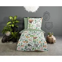 good morning Kinderbettwäsche Samba, Renforcé, 2 teilig, 100% Baumwolle, 135x200, Reißverschluss, Wendeoptik, Kind, Tier, Grün