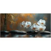 Levandeo® Leinwandbild, XXL Leinwand 115x55cm Wandbild Weiße Orchidee Bambus Bild Kunstdruck