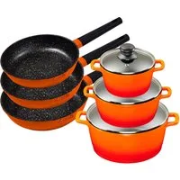 KING Topf-Set Shine Orange, Aluminiumguss (Set, 9-tlg., je 1 Kochtopf mit Deckel 18 /20/24 cm, je 1 Bratpfanne 20/24/28 cm), Induktion