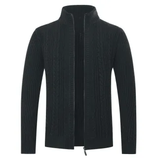 Herren Strickjacke mit Reißverschluss Cardigan Grobstrick mit Stehkragen Schwarz