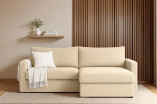 Ecksofa Sofa mit Schlaffunktion BENDIK Stoff Faro Creme Ottomane Rechts