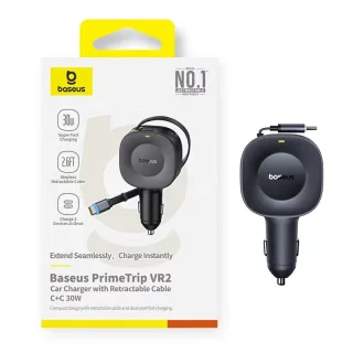 Baseus Primetrip VR2 30W 2-Port USB Car Charger Adapter Retractable USB-C Cable+USB-C Port Support PD QC SCP Fast Chargi