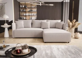 Ecksofa Schlafsofa EVORA Stoff Poso Altweiß Ottomane Rechts