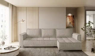 Ecksofa Schlafsofa Sofa JUNA Stoff Terra Beige Ottomane Rechts