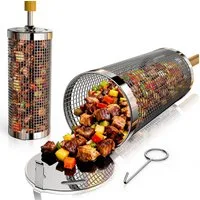 Kityhome Grillspieß 2er Set Rollendes Grillkorb 304 Edelstahl, rund, abnehmbarer Holzgriff (3-St), für Gemüse & Meeresfrüchte,360° gleichmäßiges Grillen