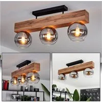 hofstein Deckenleuchte »Canove« Deckenlampe, Metall/MDF/Glas, Schwarz/Holzoptik/Rauchfarben, ohne Leuchtmittel, Leuchte im Vintage-Design mit Schirmen aus Rauchglas (15cm), 3xE27