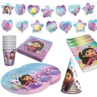 Party Factory Kindergeschirr-Set Gabby’s Dollhouse Partyset 48-tlg – Geschirr, Servietten, Deko & Hüte (48-tlg), 8 Personen, Papier, Partyset für 8 Personen