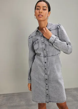 bonprix Kurzes Jeanskleid, grau, Gr.44, Hemdblusenkleid aus Denim mit Puffärmlen, 82% Baumwolle