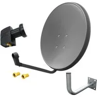 ARLI 60 cm HD Sat Anlage grau +Twin LNB +Wandhalter 25cm +2x F-Stecker SAT-Antenne (60 cm, Stahl, Digital 2 Teilnehmer Antenne grau UHD 4K)
