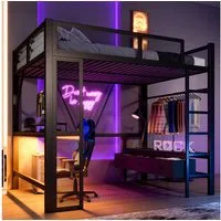 Merax Hochbett 140x200cm mit LED-Beleuchtung und USB (1-St., Etagenbett Jugendbett Einzelbett) Metallbett mit Schreibtisch, offenem Kleiderschrank und 3 Schubladen