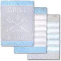 Dyckhoff Geschirrtuch Grill & Chill, mit 3 verschiedenen Motiven, Maße je Tuch ca. 50x70 cm, (Set, 3-tlg), aus 100% Baumwolle, mit Grillbesteck-Motiv und Schriftzug