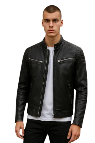 Moderne, klassische, gesteppte Bikerjacke aus schwarzem Leder für Herren – Mackay