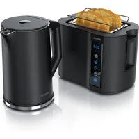 Arendo Frühstücks-Set Edelstahl Wasserkocher 1,5l, 2-Scheiben Kurzschlitz Toaster, schwarz (2-tlg), Wasserkocher mit Temperatureinstellung, Toaster Brötchenaufsatz, Touch