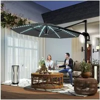 Outsunny Sonnenschirm mit Solar LED, Kurbel, Ständer, UV50+, 360° drehbar, LxB: 300x300 cm, Alu Ampelschirm, höhenverstellbar Marktschirm, Sonnenschutz für Garten, Balkon, Dunkelgrau