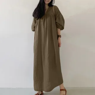 ZANZEA Women Maxi Dresses Solid Color Seven-quarter Length Lantern Sleeves Long Dresses Plus Size Women Dresses