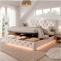 Furnishings Home Polsterbett Stauraumbett Doppelbett mit LED 140x200 cm (Modernes Jugendbett, Leises Design Bett, Max. Belastbarkeit 350 kg), Mit LED-Beleuchtung, Bettkasten, Lattenrost, Leinen