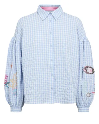Nümph - Karierte Bluse mit Stickerei blau - Gr. - 34