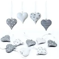 LB H&F Lilienburg Dekohänger 12er SET Herz Herzen Metall Hängedekoration Anhänger Shabby (Hochzeit Geburtstag Geschenkanhänger Metallherzen Herzhänger Herzanhänger Dekohänger Dekoherzen basteln hängen Punkte modern WEISS GRAU, Hänger Deko Frühling He